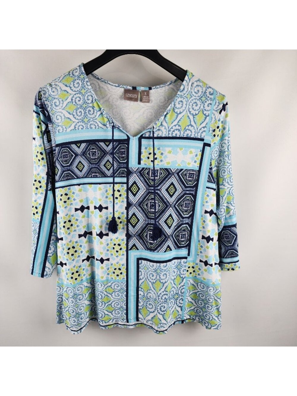 Chicos Top Womens 3=XL Blue Multi Mixed Print Tassels S/S Tunic